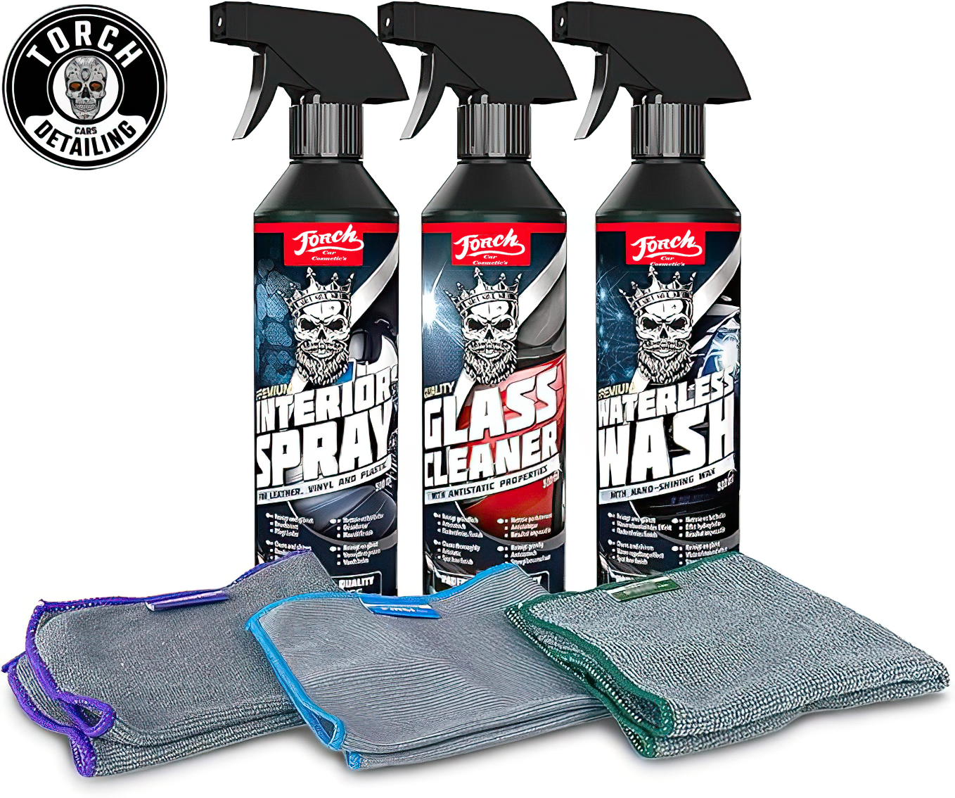 Torch Cars Textil Cleaner, Interior Spray, Waterless Wash Üçlü Set – Profesyonel Araç Bakımının Gücü